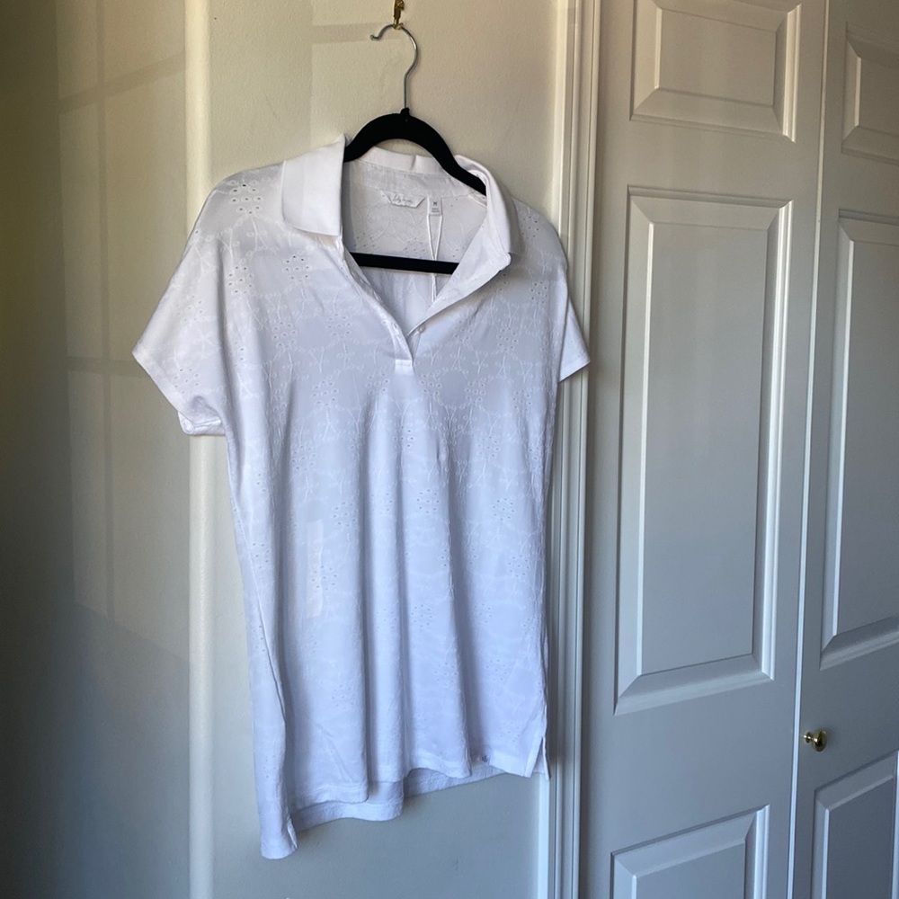 Lady Hagen - White Short Sleeve Light Embroidered Design Polo Shirt/Blouse